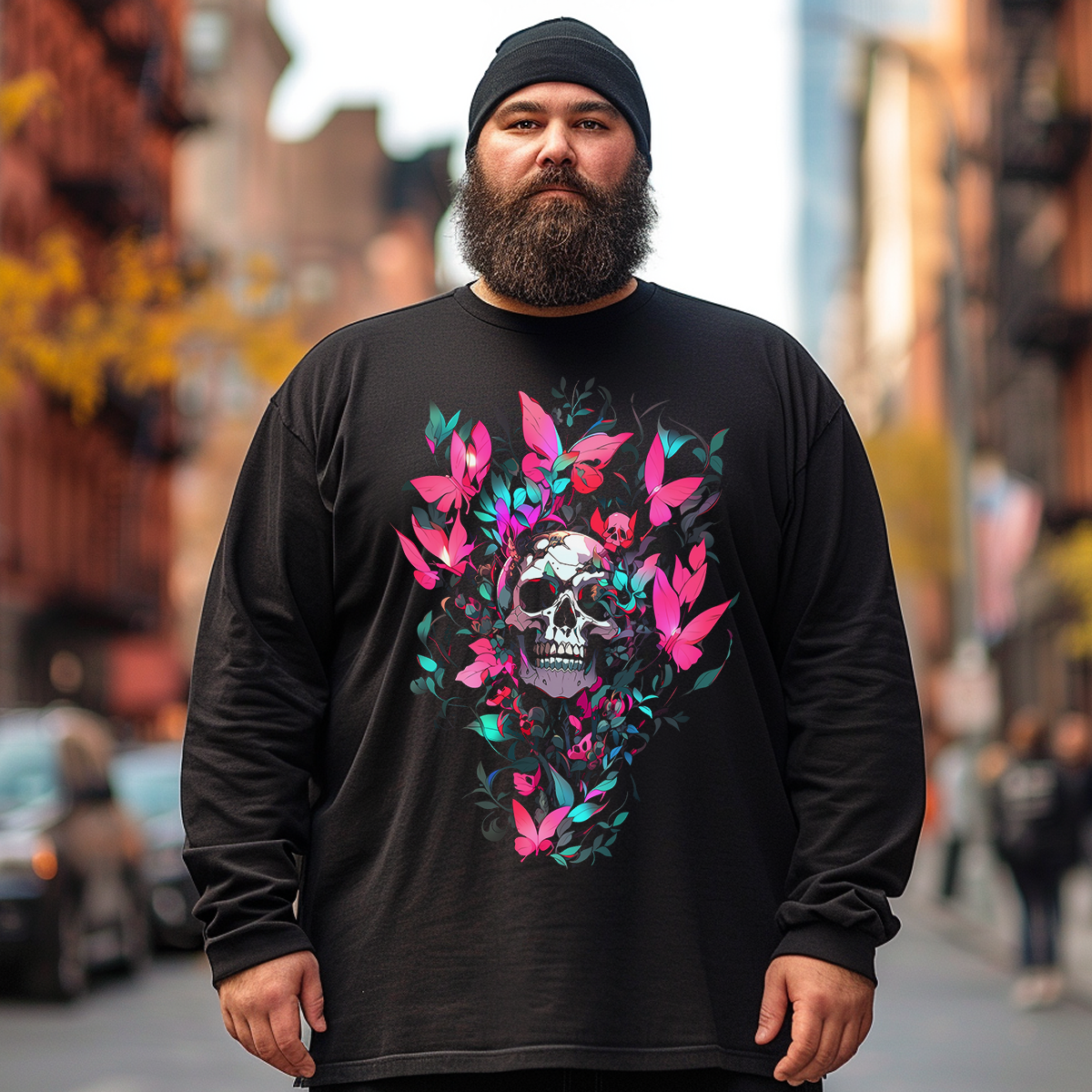 Death & Live, Skull, Flowers, Butterflies, Plus Size Long Sleeve T-Shirt