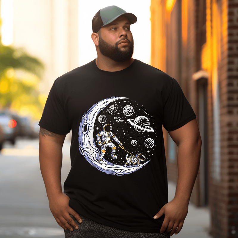 Astronaut Walking A Dog On The Moon In Space T-Shirt, Plus Size Oversize T-shirt for Big & Tall Man