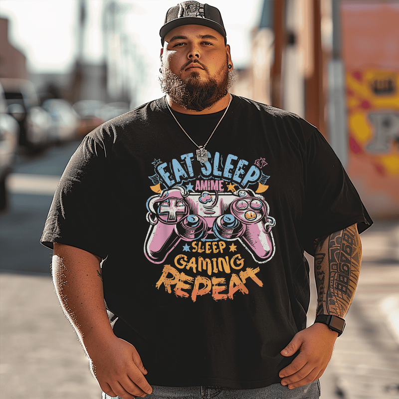 Eat Sleep Anime Gaming Repeat T-Shirt, Plus Size Oversize T-shirt for Big & Tall Man