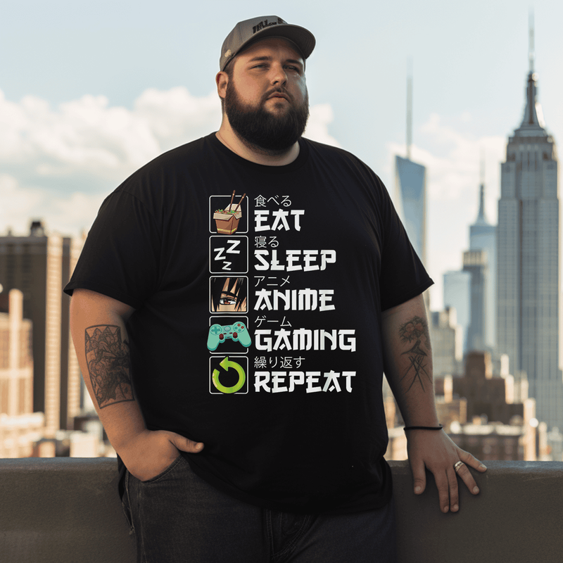 Eat Sleep Anime Gaming Repeat T-Shirt, Plus Size Oversize T-shirt for Big & Tall Man