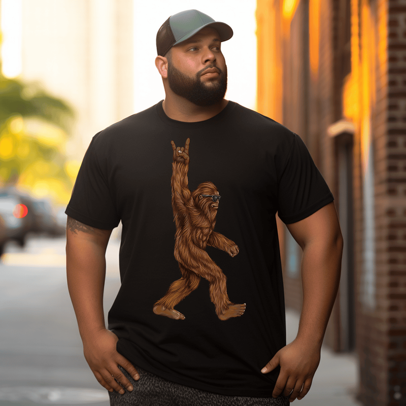 Rock On Bigfoot Sasquatch Loves Rock And Roll Sunglasses On T-Shirt, Plus Size Oversize T-shirt for Big & Tall Man