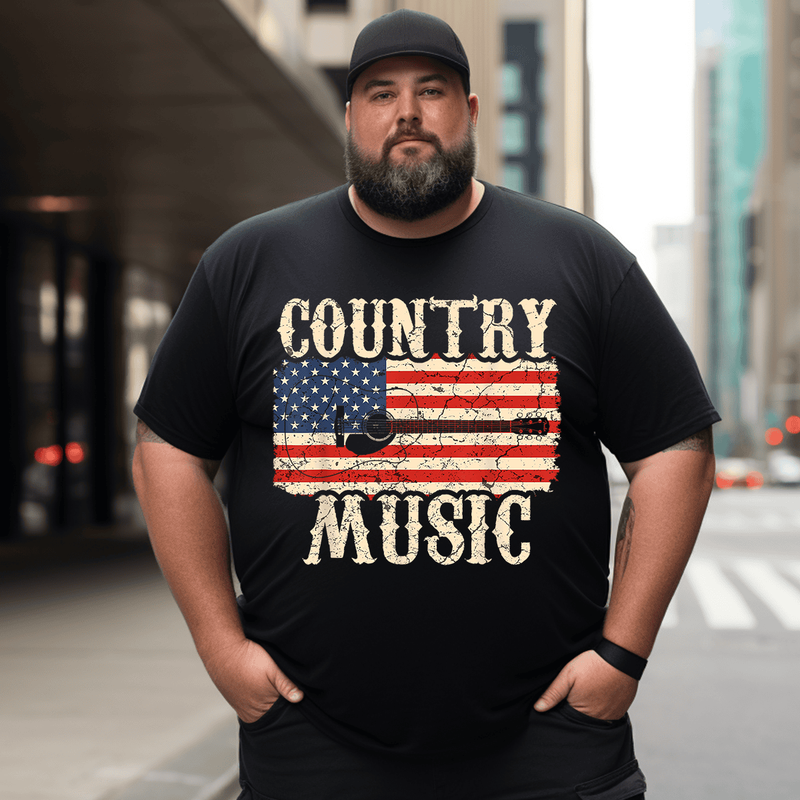 Country Music Retro Vintage Guitar American Flag T-Shirt, Plus Size Oversize T-shirt for Big & Tall Man