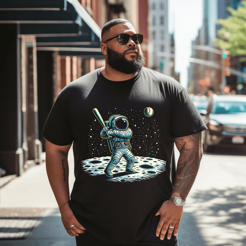 Baseball Novelty Astronaut Men Baseball T-Shirt, Plus Size Oversize T-shirt for Big & Tall Man