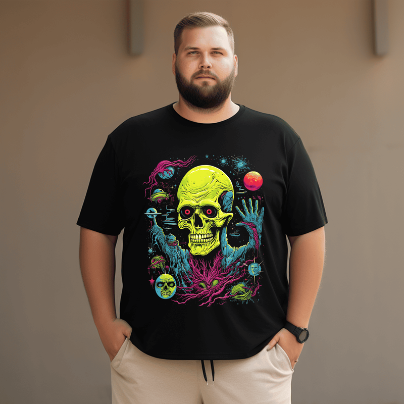 Retro Space Universe Skull T-Shirt, Plus Size Oversize T-shirt for Big & Tall Man