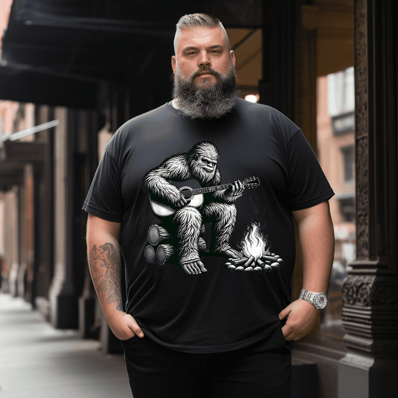 Bigfoot Playing Guitar Rock on Sasquatch Big Foot T-Shirt, Plus Size Oversize T-shirt for Big & Tall Man