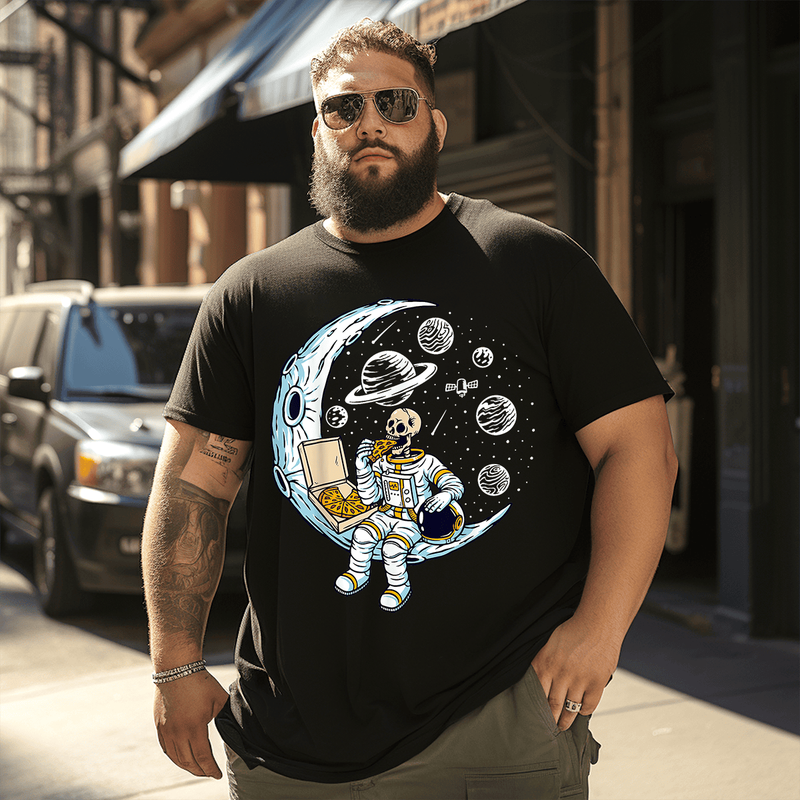 Astronaut Eating Pizza On The Moon In Space Planets T-Shirt, Plus Size Oversize T-shirt for Big & Tall Man