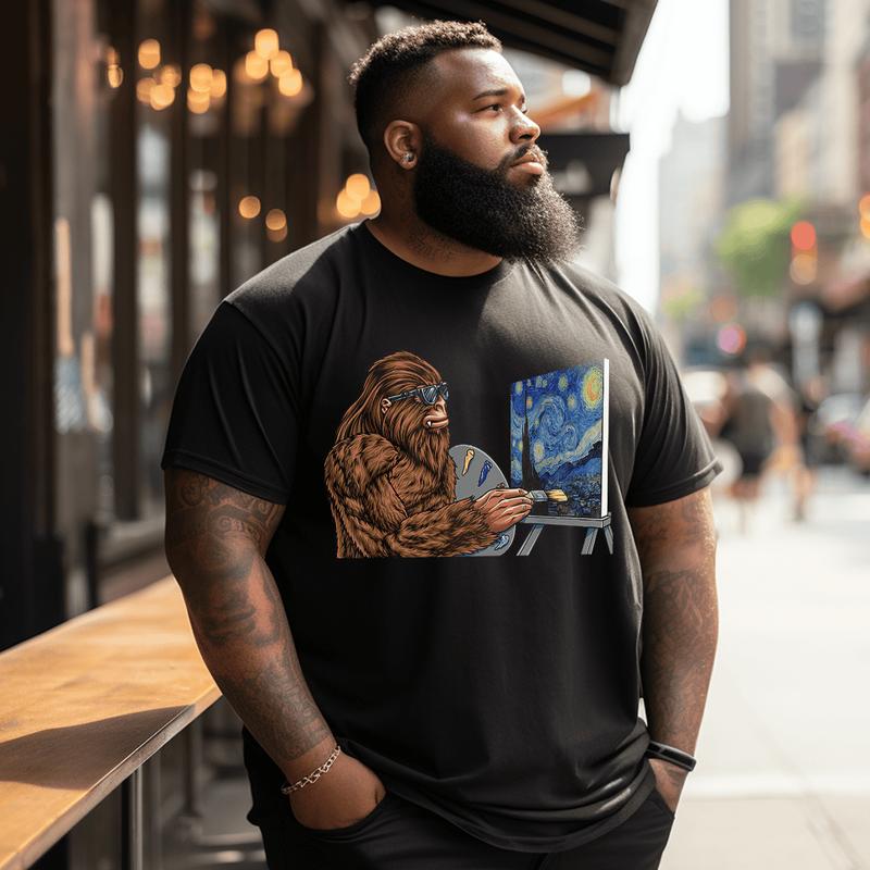 Starry Night Bigfoot Painting - Funny Sasquatch Graphic Art T-Shirt, Plus Size Oversize T-shirt for Big & Tall Man