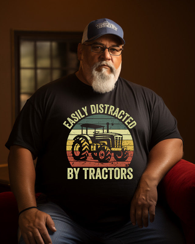 Men's "Easily Distracted by Tractors" Print Plus Size T-shirt , Grandpa shirt
