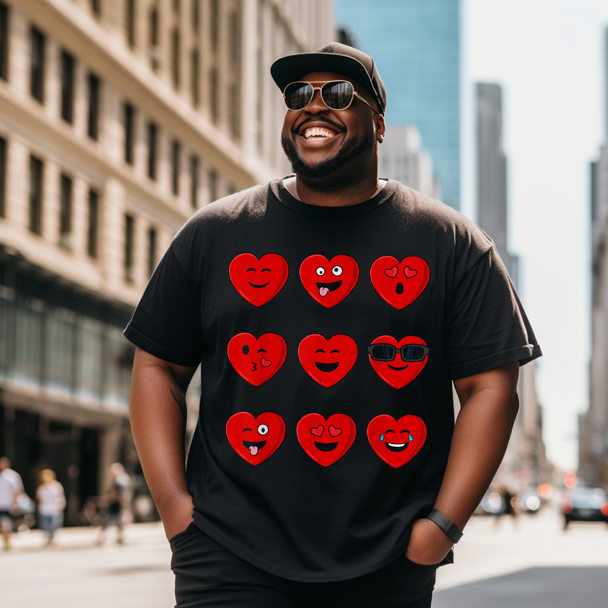 Funny Faces Hearts Valentines Day T-Shirt, Men Plus Size Oversize T-shirt for Big & Tall Man