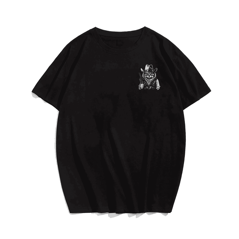 Funny Cat Cowboy Vintage Tee for Men, Plus Size Oversized T-Shirt for Big and Tall 1XL-9XL