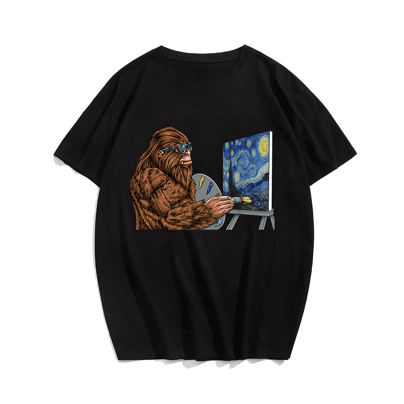 Starry Night Bigfoot Painting - Funny Sasquatch Graphic Art T-Shirt, Plus Size Oversize T-shirt for Big & Tall Man
