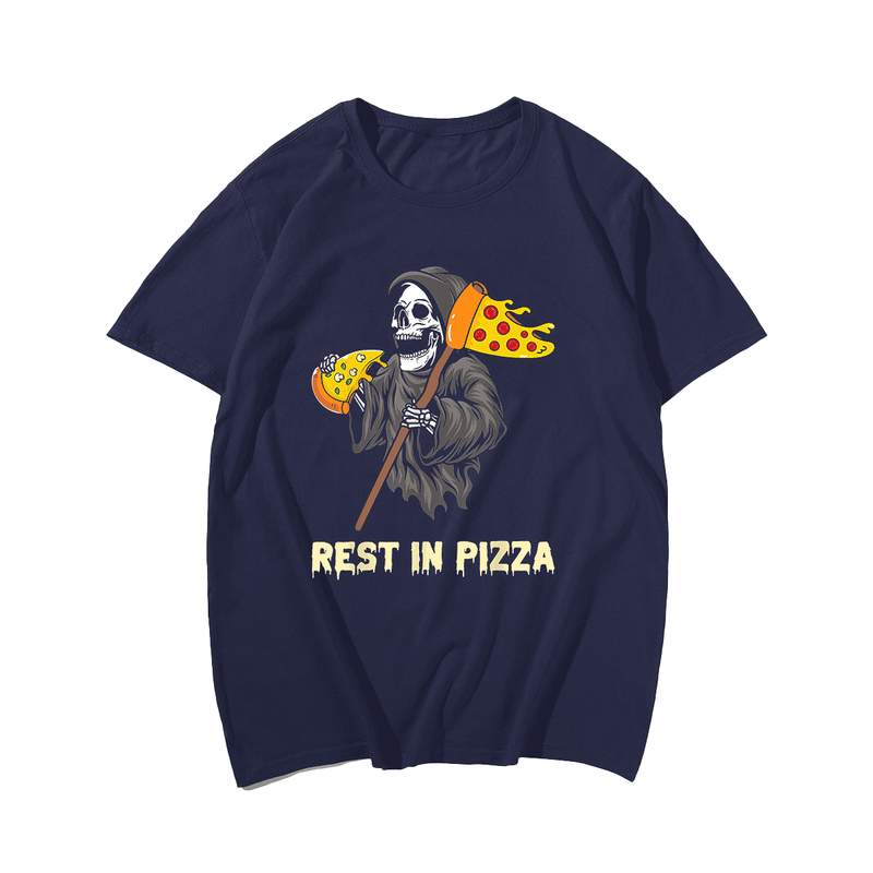 Funny Grim Reaper Eating Pizza Slice a Rest In Pizza T-Shirt, Plus Size Oversize T-shirt for Big & Tall Man
