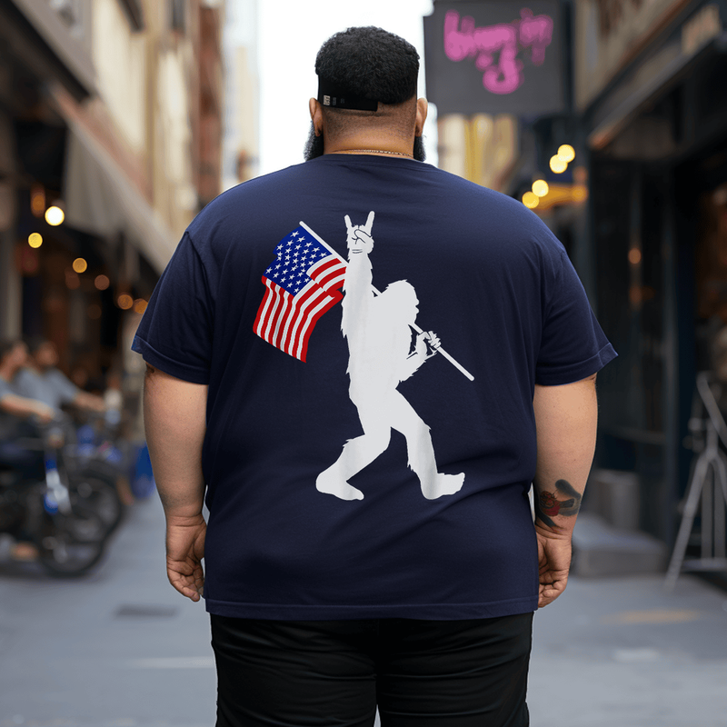 Funny Bigfoot Rock and Roll USA Flag for Sasquatch Believers Men T-Shirt, Oversized T-Shirt for Big and Tall