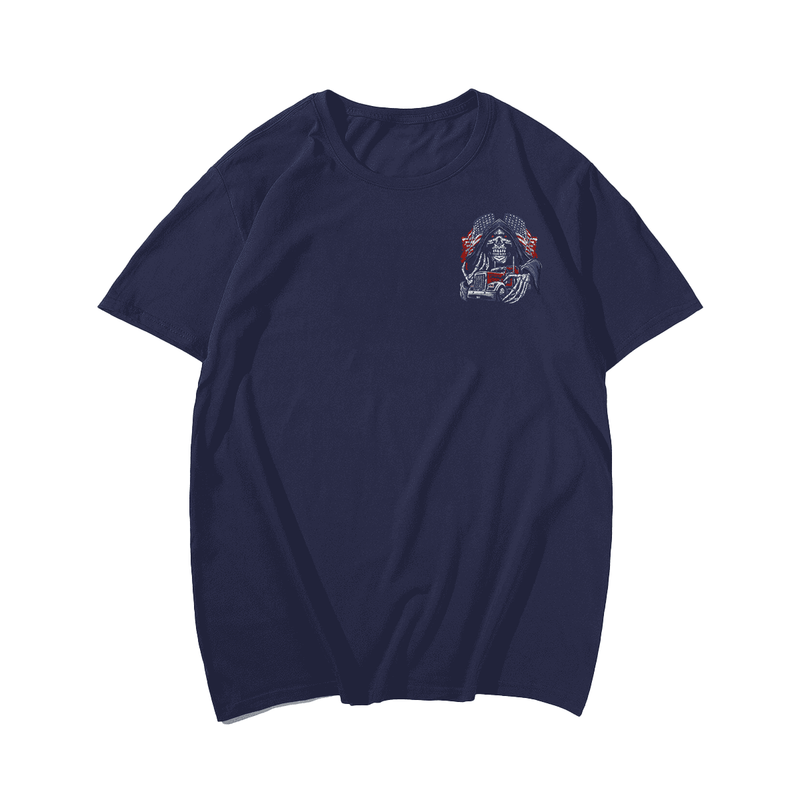 USA Flag Skeleton Skull Reaper Trucker Truck Driver T-Shirt, Plus Size Oversized T-Shirt for Big and Tall Men 1XL-9XL