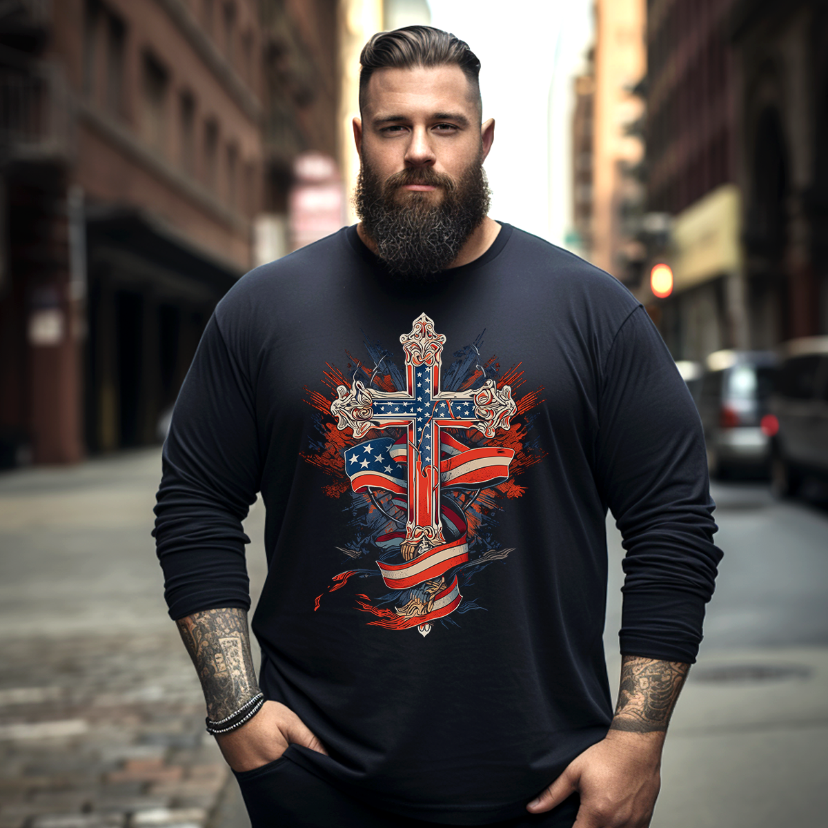 America Flag & Cross, Free & Faith, Plus Size Long Sleeve T-Shirt