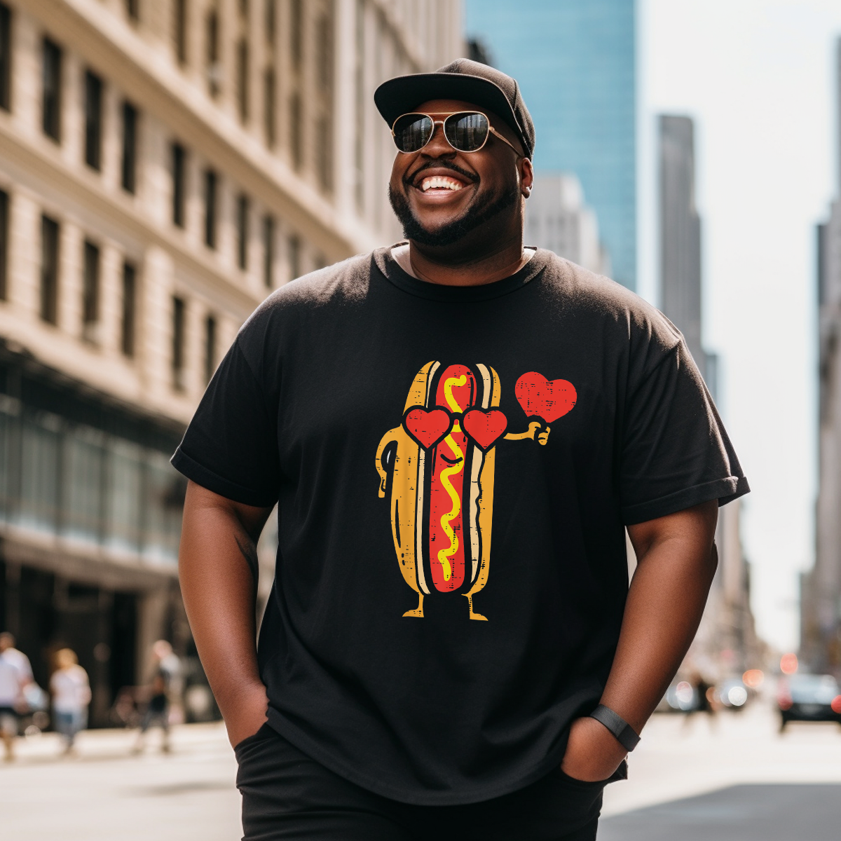 Heart Hot Dog Cute Sausage Bun Valentines Day T-Shirt, Men Plus Size Oversize T-shirt for Big & Tall Man