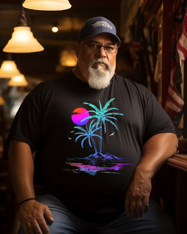 Men's Retro Palm Tree Graphic Sunset Print Plus Size T-shirt