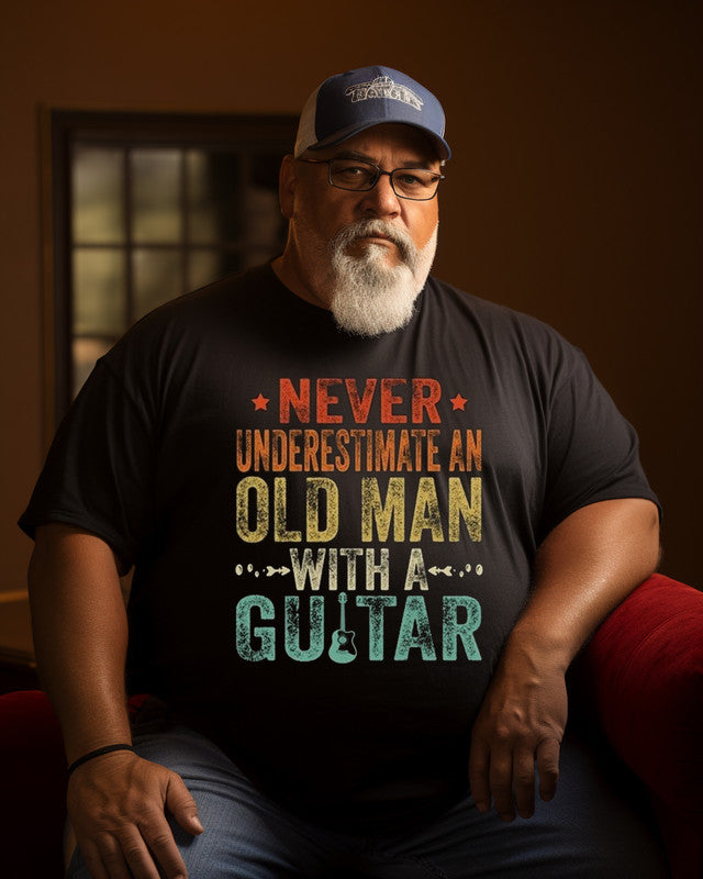 Men's “Never Underestimate An Old Man With a Guitar ” Print Plus Size T-shirt , Grandpa shirt