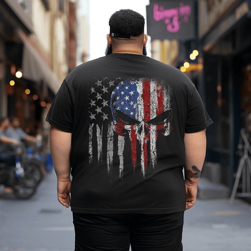 American Flag Skull Skeleton Man T-Shirt, Plus Size Oversized T-Shirt for Big and Tall Men 1XL-9XL