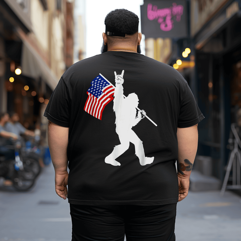 Funny Bigfoot Rock and Roll USA Flag for Sasquatch Believers Men T-Shirt, Oversized T-Shirt for Big and Tall