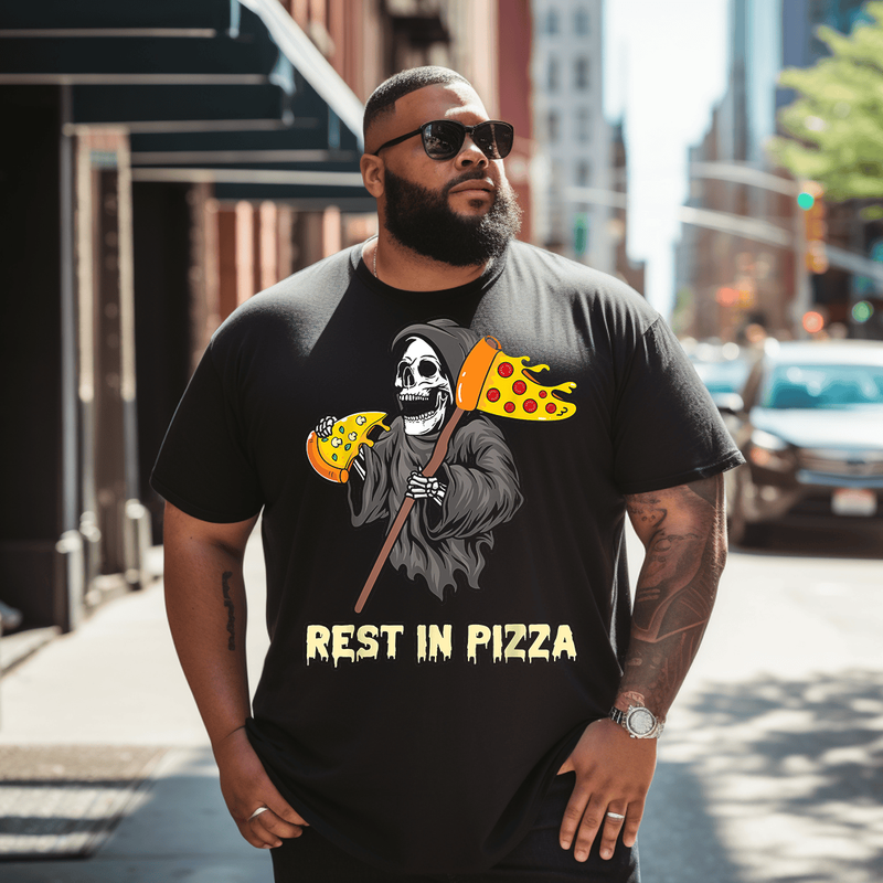 Funny Grim Reaper Eating Pizza Slice a Rest In Pizza T-Shirt, Plus Size Oversize T-shirt for Big & Tall Man