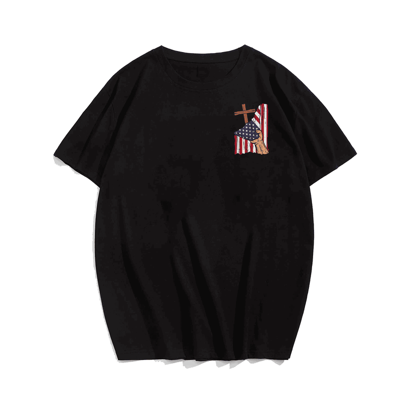Cross Behind US Flag Religious God Jesus Patriotic Christian T-Shirt Plus Size Men T-Shirt