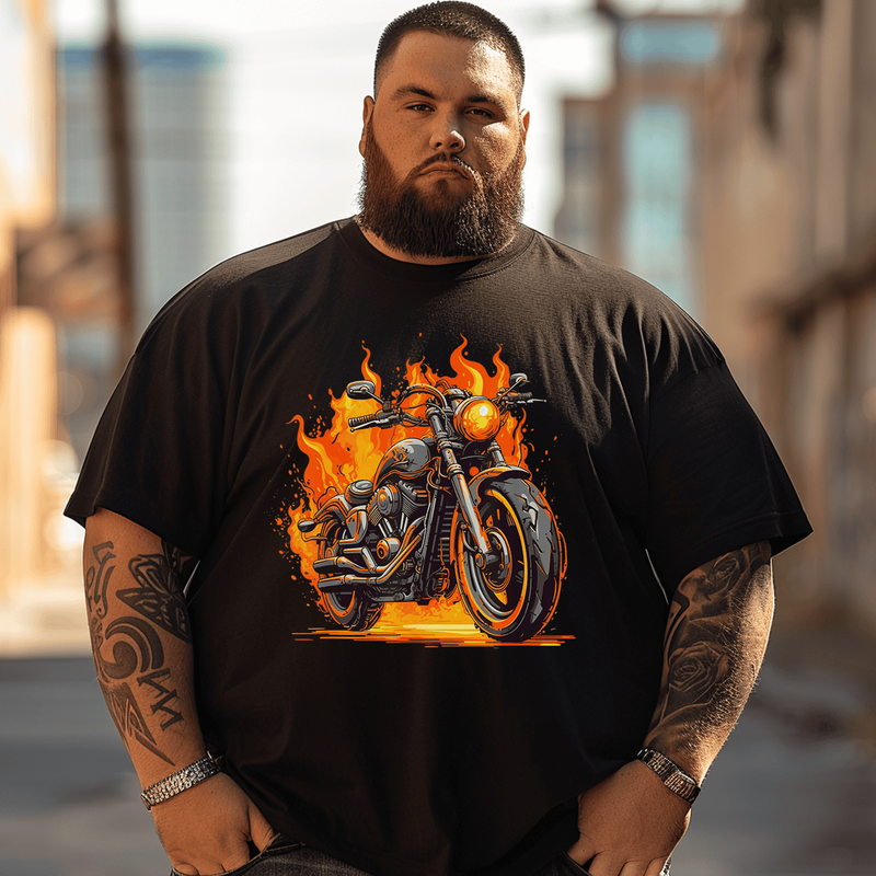 Flaming Motorcycle T-Shirt, Men Plus Size Oversize T-shirt for Big & Tall Man
