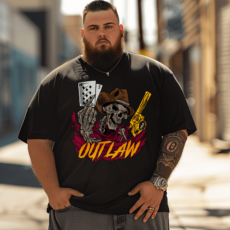 Skull Dead Revolver Skeleton Outlaw T-Shirt, Men Plus Size Oversize T-shirt for Big & Tall Man