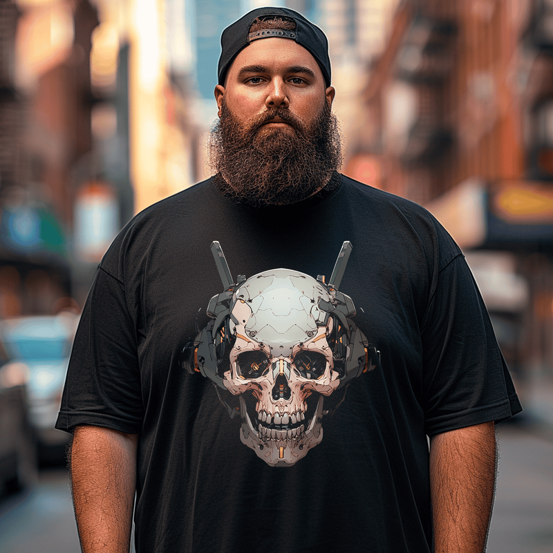 Skull Robot Plus Size T-shirt for Men, Oversize Man Clothing for Big & Tall