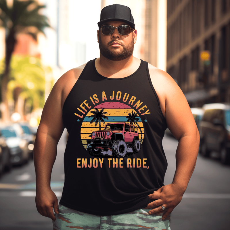 Car & Letters Print Men's Tank Top Sleeveless Tee, Oversized T-Shirt for Big and Tall