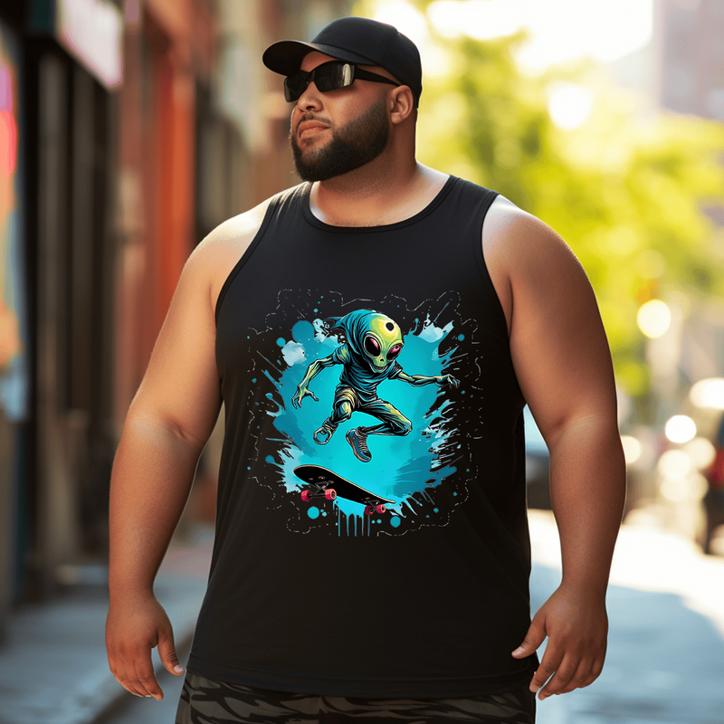 Skateboard Alien Tank Top Sleeveless Tee, Oversized T-Shirt for Big and Tall