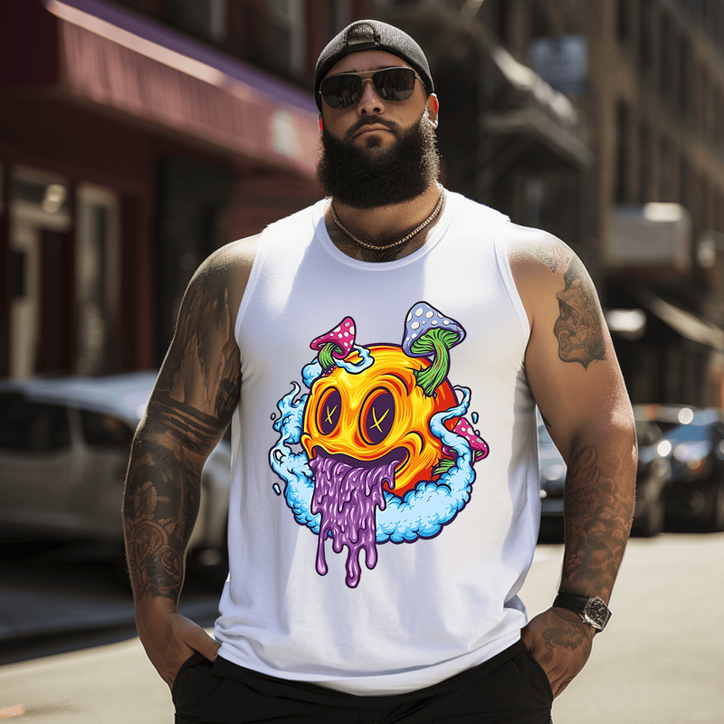 Yellow Smiley Face Tank Top Sleeveless Tee, Oversized T-Shirt for Big and Tall