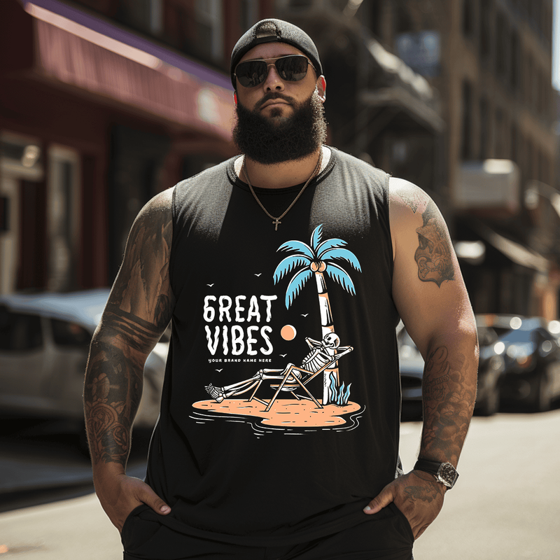 Skeleton Relax at The Summer Beach Tank Top Sleeveless Tee, Oversized T-Shirt for Big and Tall