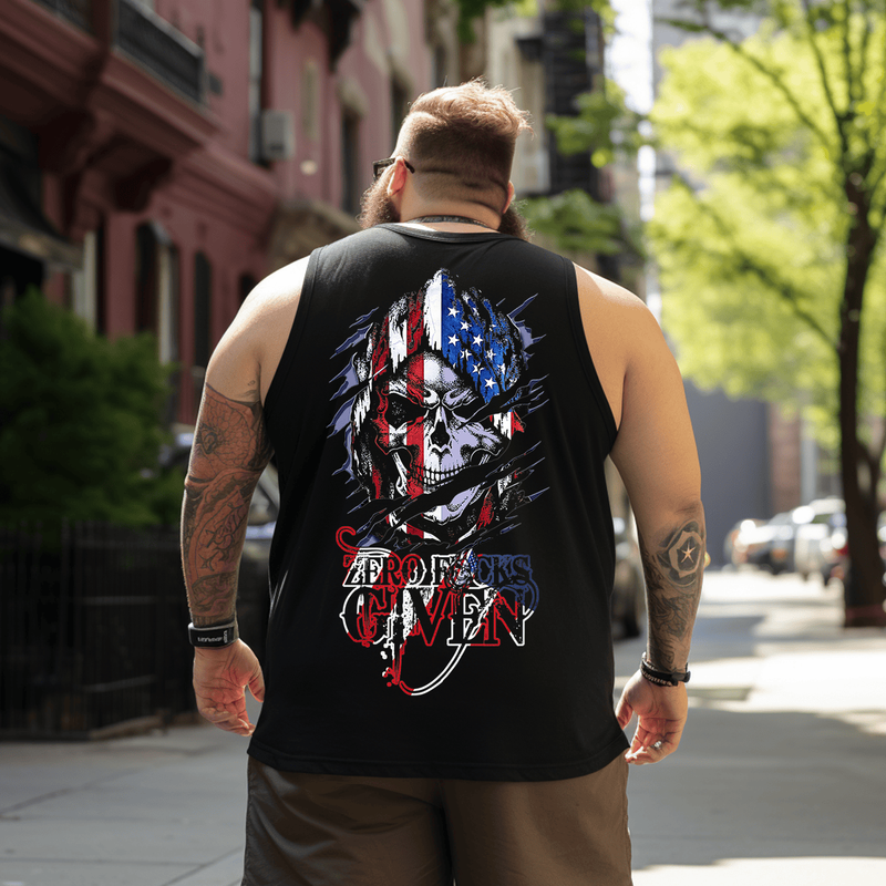 Skull American Flag Patriotic Vintage Tank Top Sleeveless Tee, Oversized T-Shirt for Big and Tall