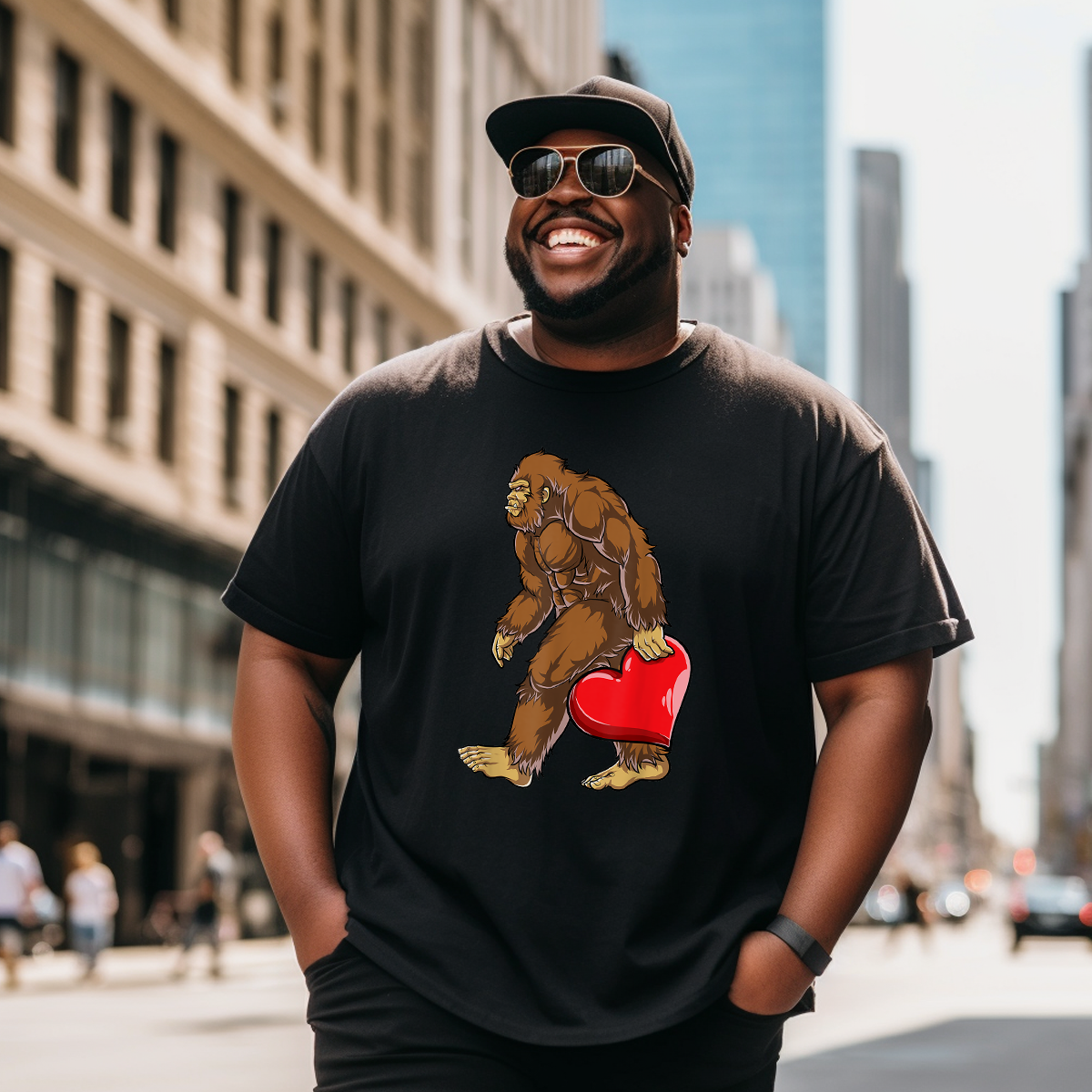 Bigfoot Heart T-Shirt, Men Plus Size Oversize T-shirt for Big & Tall