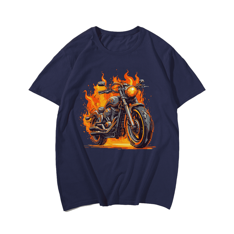 Flaming Motorcycle T-Shirt, Men Plus Size Oversize T-shirt for Big & Tall Man
