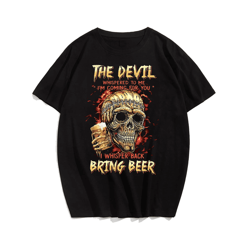 Skull & Beer Print Men's T-Shirt, Plus Size Oversize T-shirt for Big & Tall Man