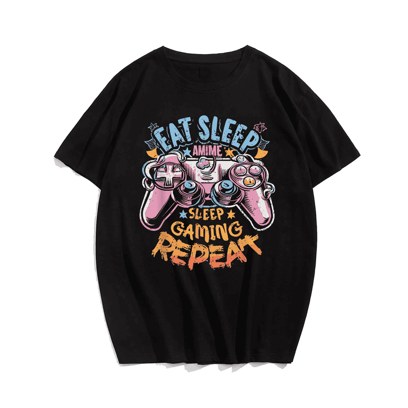Eat Sleep Anime Gaming Repeat T-Shirt, Plus Size Oversize T-shirt for Big & Tall Man