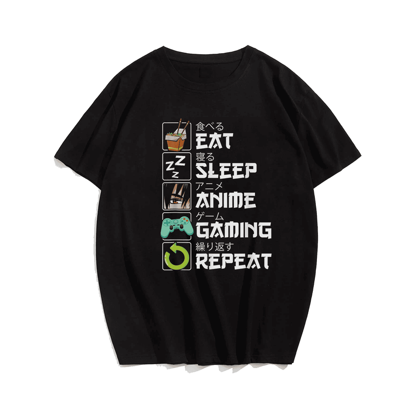 Eat Sleep Anime Gaming Repeat T-Shirt, Plus Size Oversize T-shirt for Big & Tall Man