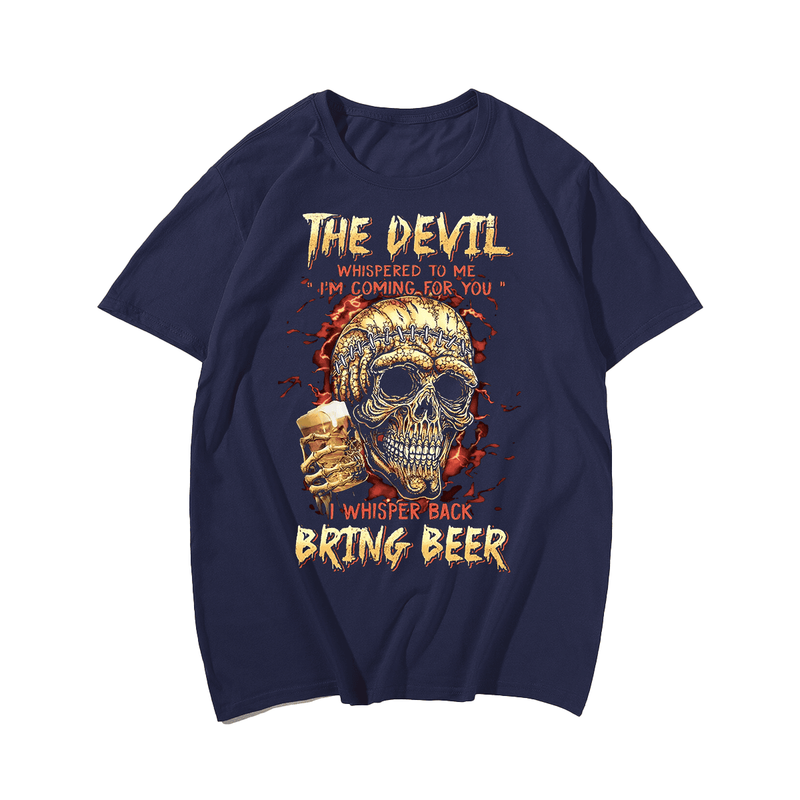 Skull & Beer Print Men's T-Shirt, Plus Size Oversize T-shirt for Big & Tall Man
