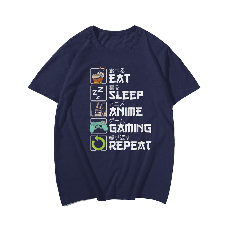 Eat Sleep Anime Gaming Repeat T-Shirt, Plus Size Oversize T-shirt for Big & Tall Man