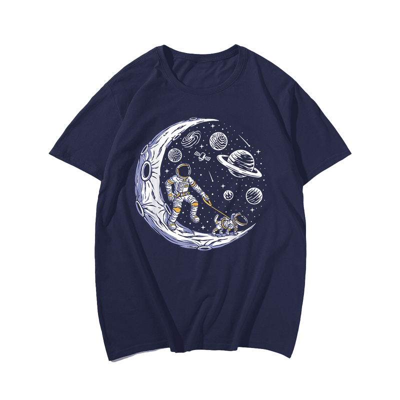 Astronaut Walking A Dog On The Moon In Space T-Shirt, Plus Size Oversize T-shirt for Big & Tall Man