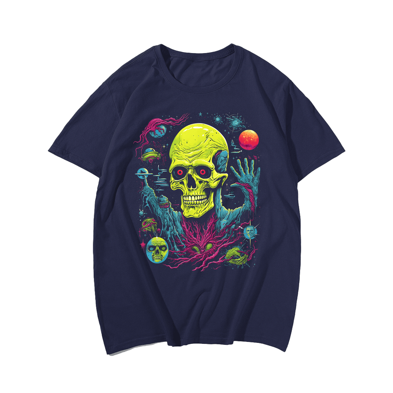 Retro Space Universe Skull T-Shirt, Plus Size Oversize T-shirt for Big & Tall Man