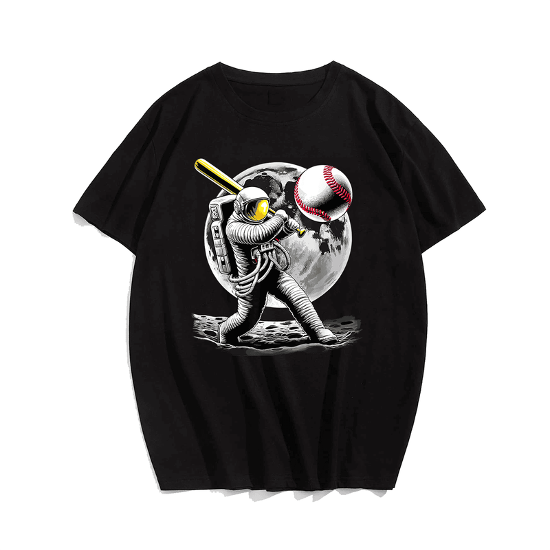 Baseball Astronaut Funny Space Baseball T-Shirt, Plus Size Oversize T-shirt for Big & Tall Man