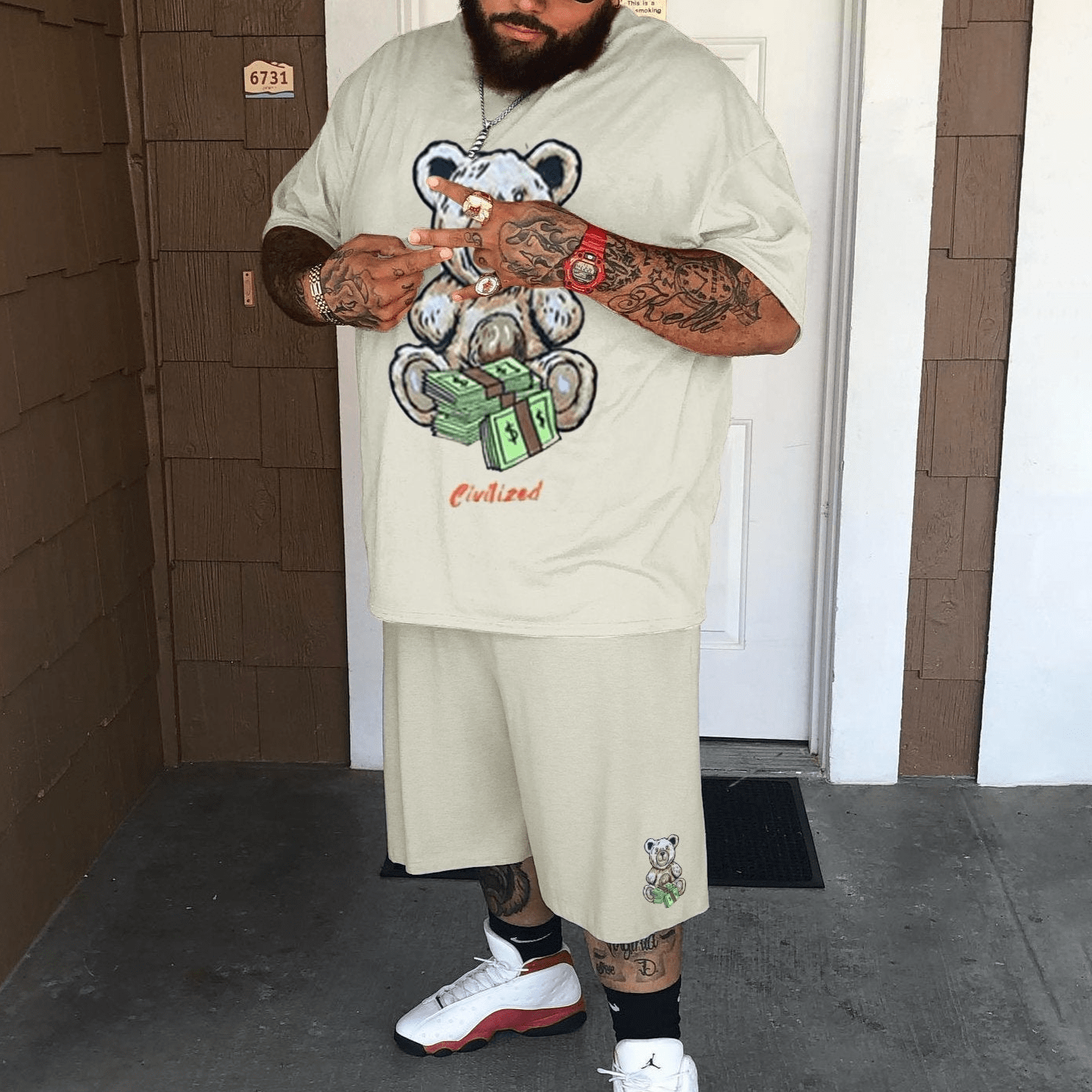 Cartoon Bear Print Short Sleeve Beige Big Size Sets