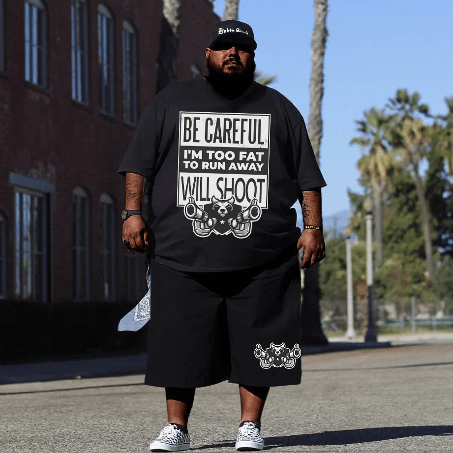 Fat Will Shoot Men T-Shirt & Short Set - Funny Printed Words Men Clothing Set