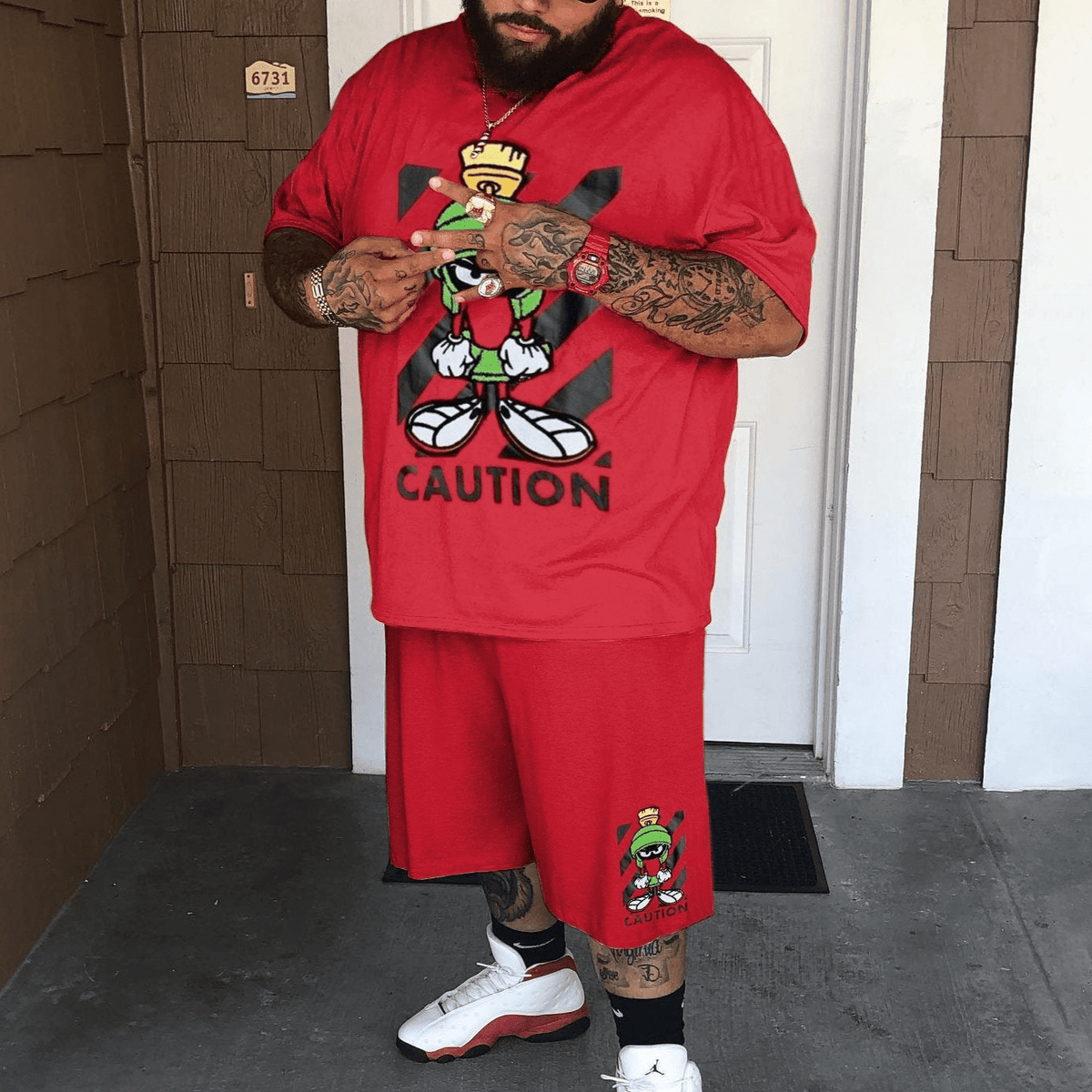 Caution Print Short Sleeve Red Big Size Sets