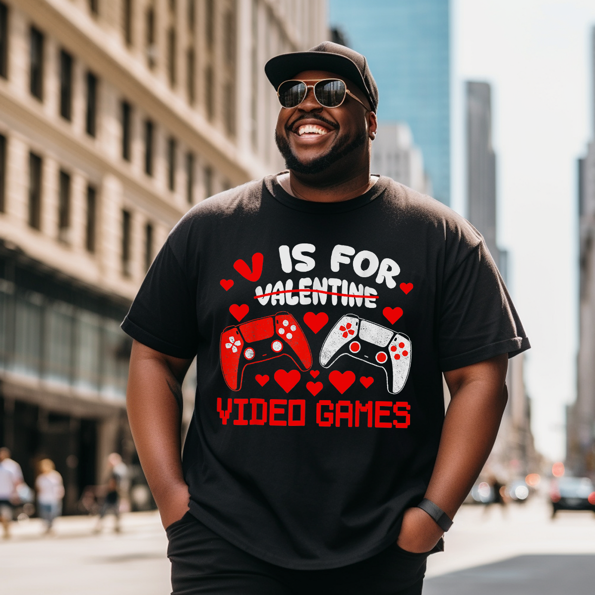 V Is For Video Games Funny Valentines Day Gamers T-Shirt, Men Plus Size Oversize T-shirt for Big & Tall Man