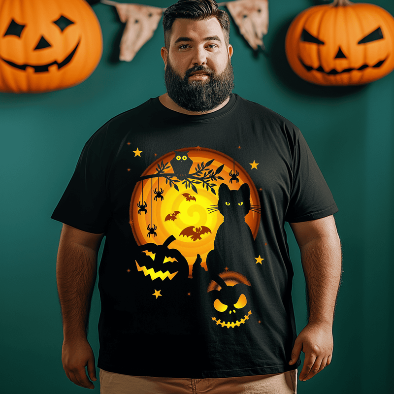 Halloween Cat Men T-Shirt, Plus Size Oversize T-shirt for Big & Tall Man