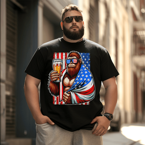 Bigfoot American Flag Drinking Beer Men T-Shirt, Plus Size Oversize T-shirt for Big & Tall Man